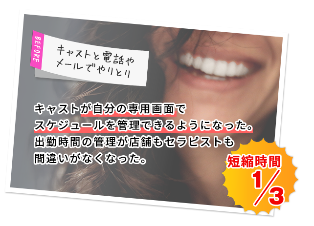 キャストが自分の専用画面でスケジュールを管理できるようになった。出勤時間の管理が店舗もキャストも間違いが無くなった。